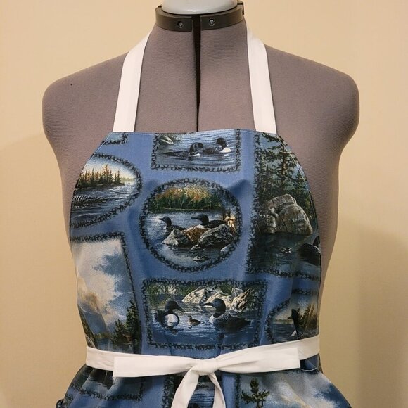 NWT Handmade Reversible Apron - blue and white lattice and ducks One Size - OOAK - Picture 2 of 4